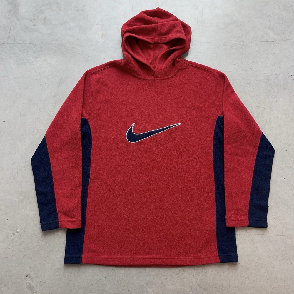 Vintage Nike Center Swoosh Fleece Hoodie Red Two Tone Women's XL‎ Sweatshirt Y2K